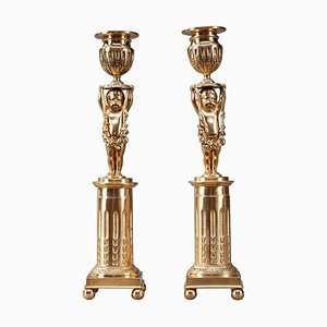 19th Century Ormolu Bronze Candlestick Holders with Putti, Set of 2