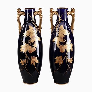 Late 19th Century Blue Ceramic Vases from Gustave Asch, Set of 2