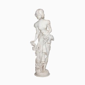 Large Young Girl with Basket of Flowers Alabaster Sculpture, 1900