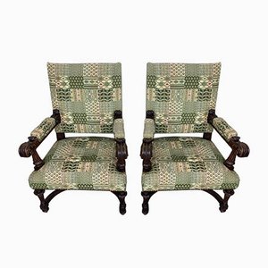 Set of Spanish Carved Walnut Armchairs, 1900s