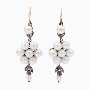 14 Karat Rose Gold and Silver Dangle Earrings with Pearls and Diamonds