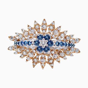 Ring aus Blauen Saphiren, Diamanten und 18 Karat Weiß- und Gelbgold