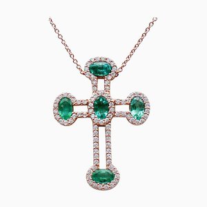 Emerald, White Diamond & 18 Karat Rose Gold Cross Pendant Necklace