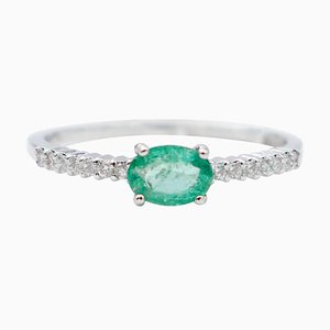 Emerald, White Diamond & 18 Karat White Gold Ring