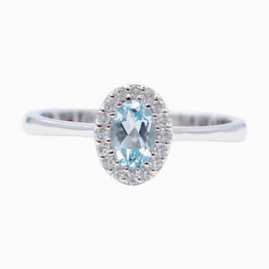 Oval Aquamarine, White Diamond & 18 Karat White Gold Ring