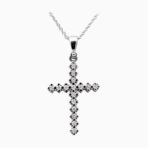 Diamond, 18 Karat White Gold Cross Pendant Modern Necklace