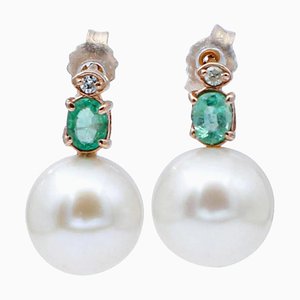 Baroque Pearl, Diamond, Emerald & 14 Karat Rose Gold Bead Earrings, Set of 2