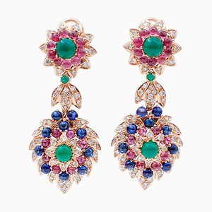 Diamond, Ruby, Emerald, Sapphire & 14 Karat Rose Gold Dangle Earrings, Set of 2
