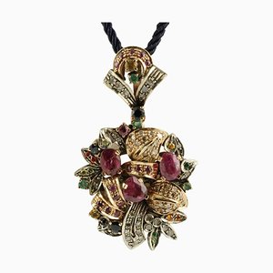 Multicolored Stones, Rubies, Emeralds, Sapphires Pendant Necklace in Rose Gold and Silver
