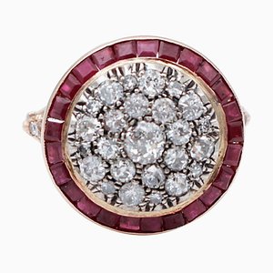 Retro Rubies, Diamonds and 14 Karat Rose Gold and Silver Ring
