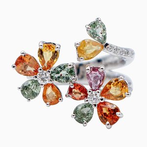 Multicolor Sapphires, Diamonds and 18 Karat White Gold Flower Ring