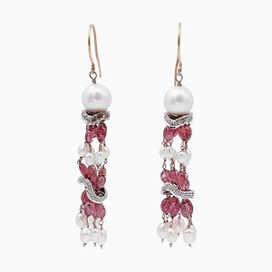 Hängende Ohrringe aus 14 Karat Rosé- und Weißgold mit Diamanten, Steinen, Perlen