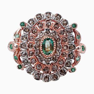 Retro Emeralds, Diamonds and 9 Karat Rose Gold and Silver Ring