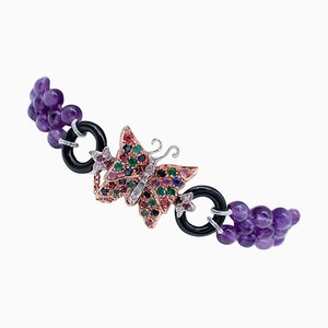 Amethysts, Diamonds, Emeralds, Rubies, Sapphires and Onyx Bracelet in 9 Karat Gold and Silver