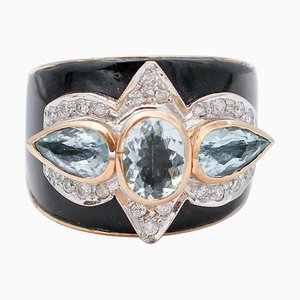 Aquamarine, Diamonds, Onyx and 14kt Rose and White Gold Band Ring