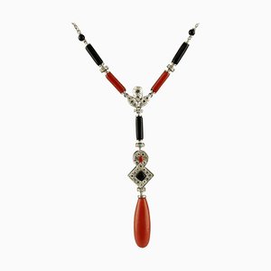 Handcrafted Necklace with Diamonds, Red Corals, Onyx & 14 Karat White Gold