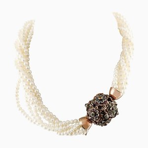 Handcrafted Multicolored Sapphire, Pearl, Rose Gold & Silver Necklace