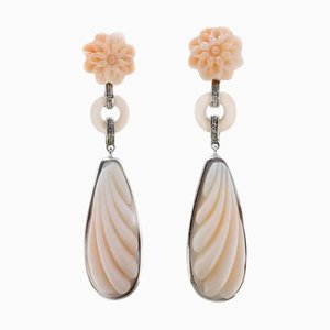 Pink Coral Flower, White Diamond and White Gold Drop Earrings, Set of 2