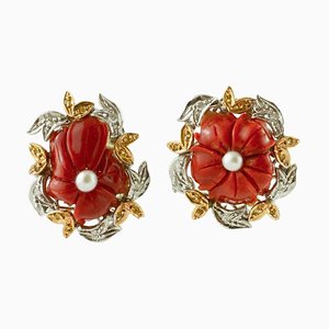 Coral, Pearl & White and Yellow Gold Flower Ring