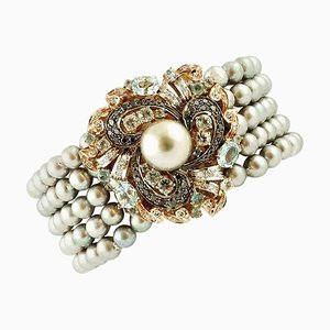 Bracelet en Perles Grises, Diamants Noirs et Blancs, Aigue-Marine et Or Rose