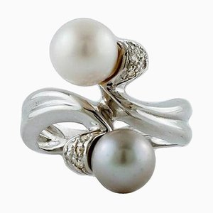 Grau-weiße Perle, Diamant & 18 Karat Weißgold Contrarié Ring