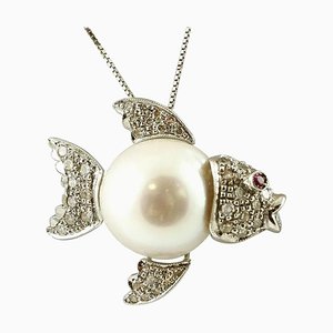Handcrafted Diamond, Ruby, South Sea Pearl & Gold Fish Pendant