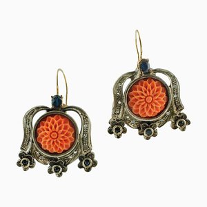 Handcrafted Carved Red Coral, Diamond, Sapphire, 9 Karat Rose Gold and Silver Earrings, Set of 2