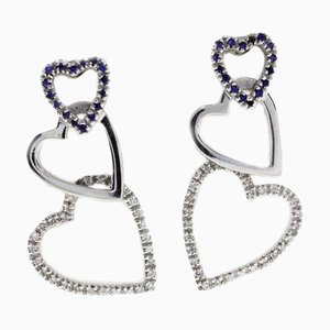 Diamond, Sapphire & 18 Karat White Gold Heart Earrings, Set of 2