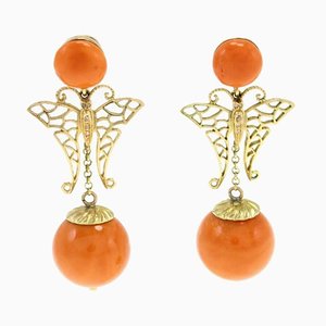 Orange Coral & Diamond Butterfly Drop Earrings in 14K Yellow Gold, Set of 2