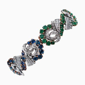 Blue Sapphire, Emerald, Diamond & 14 Karat White and Rose Gold Bracelet