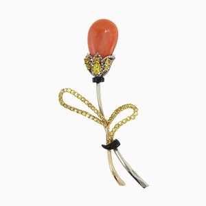 Diamond, Sapphire, Topaz, Onyx, Orange-Red Coral and White & Rose Gold Tulip Brooch
