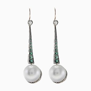 Large Pearl, Emerald, Diamond, Silver & Gold Drop Earrings, Set of 2