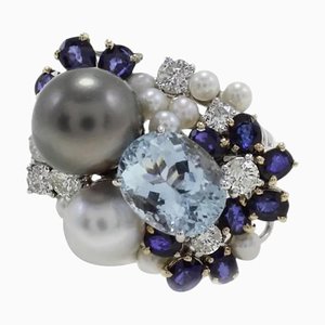 Diamant, Saphir, Aquamarin, Perle & Gold Cluster-Ring