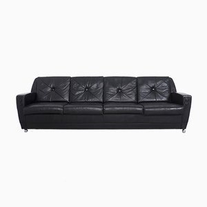 Black Leather 4 Seater Sofa, 1960s
