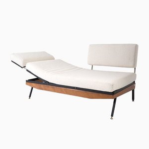 Multifunctional Wood and Iron Sofa with Brass Tips and White Bouclè Fabric by Gigi Radice, 1950s
