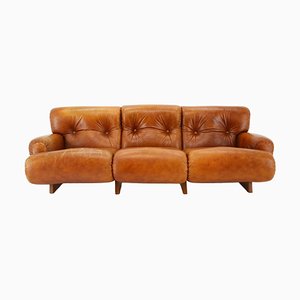 Italian 3-Seater Sofa in Wood and Cognac Leather, 1970s