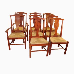 Teak Dining Chairs with Carvers Rush Seats, 1960s, Set of 8