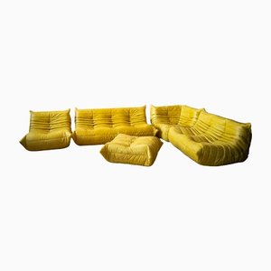 Yellow Pull-Up Dubai Leather Living Room Set by Michel Ducaroy for Ligne Roset, 1970s, Set of 4