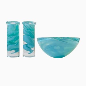 Swedish Blue Atoll Art Glass Bowl & Candlesticks by Anna Ehrner for Kosta Boda, 1980s, Set of 3