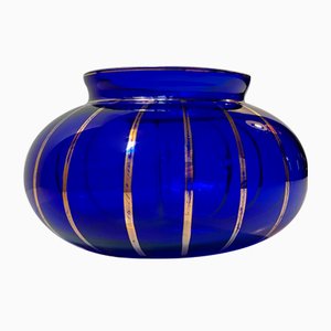 Art Deco Blue Bowl with Gold Enamel Stripes, 1930s