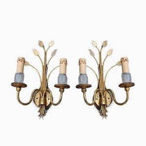 French Crystal and Gilt Metal Sconces, 1970s, Set of 2