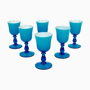 Mid-Century Wine Goblets in Turquoise and White Murano Glass by Carlo Moretti, Set of 6