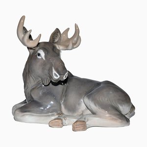 Large Danish Figurine of a Moose or Elk Lying Down by Knud Kyhn for Royal Copenhagen, 1957