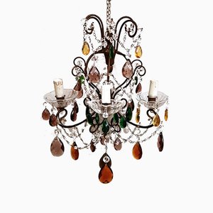 Florentine Craftsmanship Colored Gilded Iron Crystal Drops & Faceted Glass Chandelier