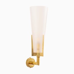 Vintage Italian Brass Wall Lamp with Satin White Shade from Stilnovo