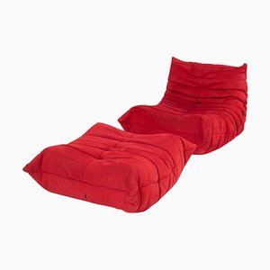 Togo Red Alcantara Armchair and Footstool by Michel Ducaroy for Ligne Roset, Set of 2