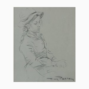 Roy Petley, Girl in a Hat, 1980, Papier, Charbon et Technique Mixte, Encadré