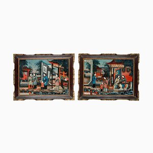 19th Century Chinese Reverse-Painted Mirror, 1830s, Set of 2