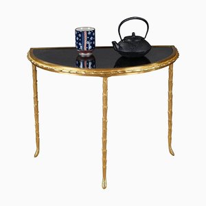 Petite Table en Demi-Lune avec Plateau en Miroir en Bronze Vieilli de Maison Baguès, 1950s