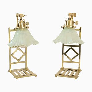 Messing Jugendstil Tischlampen mit Schirmen aus Opalglas, 2er Set